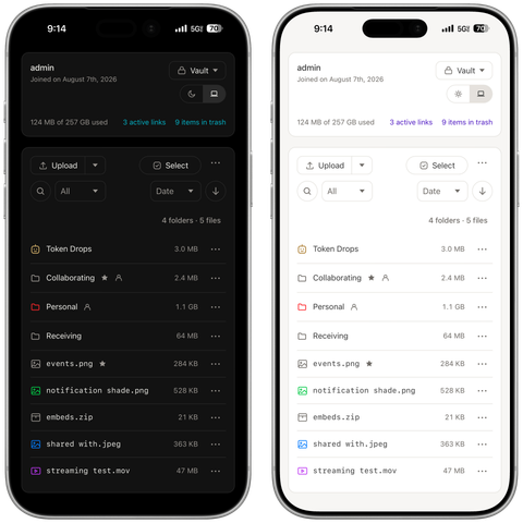 A set of two framed iPhone screenshots showing a dark and light mode interface for a file browsing app. A narrow top container has a storage usage data line, shortcuts to ‘active links’ and the trash bin, then a navigation menu that is currently viewing Vault, and a display setting beneath it. The files list itself is monochrome, and shows multiple folders and files, several with colored glyphs to signify them carrying tagged.
