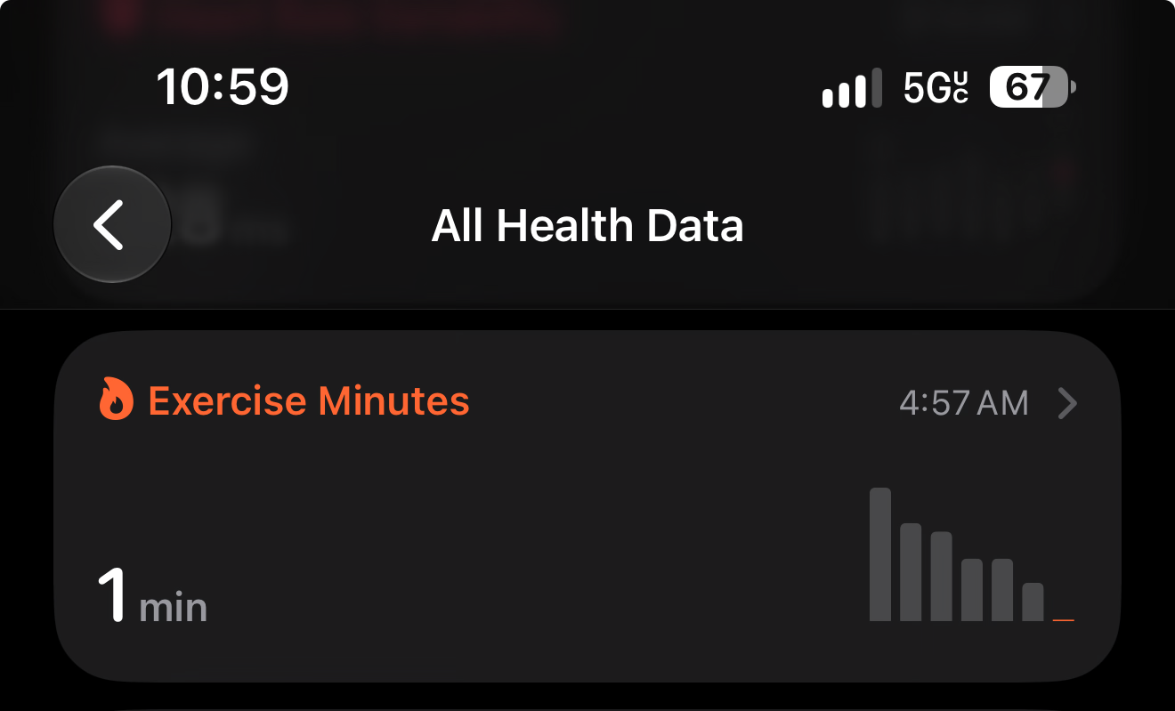 A cropped screenshot of the Health app on iOS 27 showing a tally of 1 exercise minute having occurred at 4:57AM.