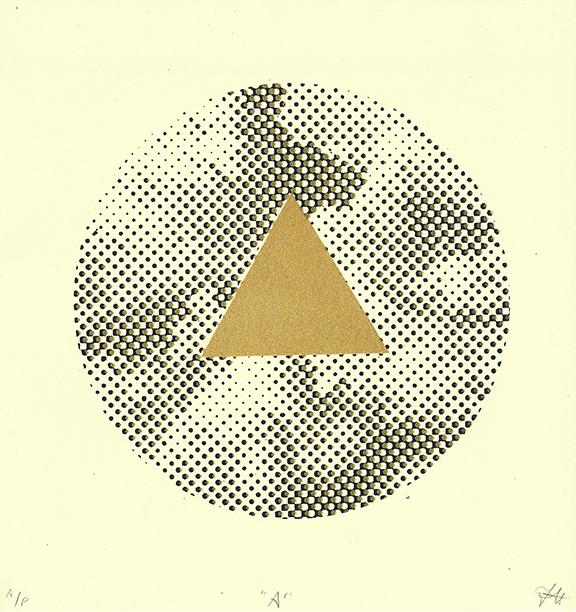 A silkscreen print of an abstracted letter A. A gold triangle floats in a circle of bitmapped clouds printed in black and gold