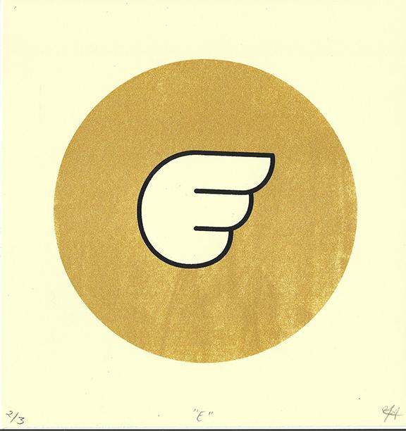 A stylized letter E that resembles a wing, outlined in black on cream paper and surrounded by a gold circle.