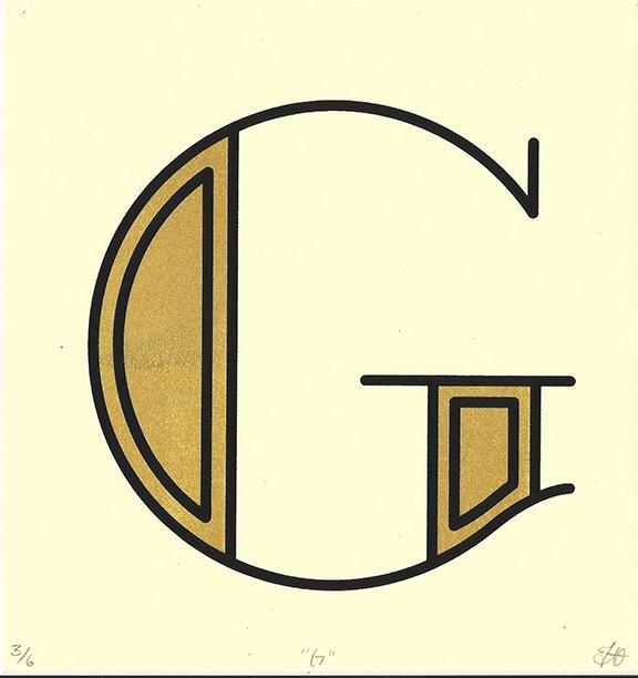 A round, Art-deco style capital letter G, in gold with black outlines.