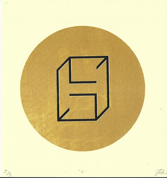 A stylized letter H, made up of angled lines that resemble a drawing of a cube, in black outline against a gold circle background