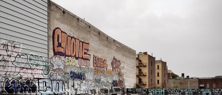 A color, wide-angle photograph in landscape orientation that captures a gritty, elevated view of urban building facades along the elevated 4 train line in the Bronx. The scene is dominated by a large, windowless, pale brick wall stretching across the center, which serves as a massive canvas for dense layers of graffiti. Near the upper center, a prominent tag features thick orange letters, reading "CNONE", while the lower half of the wall is heavily packed with a chaotic mix of smaller, overlapping tags in many colors. To the left, a section of an adjacent building clad in light gray horizontal siding is similarly covered in multi-colored graffiti tags. To the right of the main wall, the background reveals taller, classic New York apartment buildings constructed of tan and brown brick, with metal fire escapes zig-zagging down their sides. The bottom edge of the frame features a dark, flat rooftop which is also covered in continuous graffiti lettering. Above the entire cityscape, the sky is a flat, pale gray, casting a soft, diffused light.