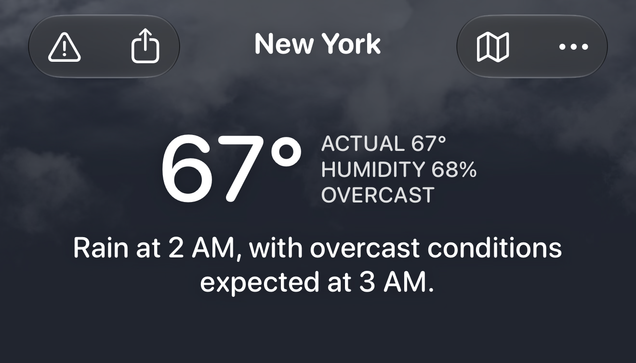 A cropped screenshot of Carrot Weather for iOS 27 showing a current temperature in New York City of 67°. Rain at 2 AM, with overcast conditions expected at 3 AM.