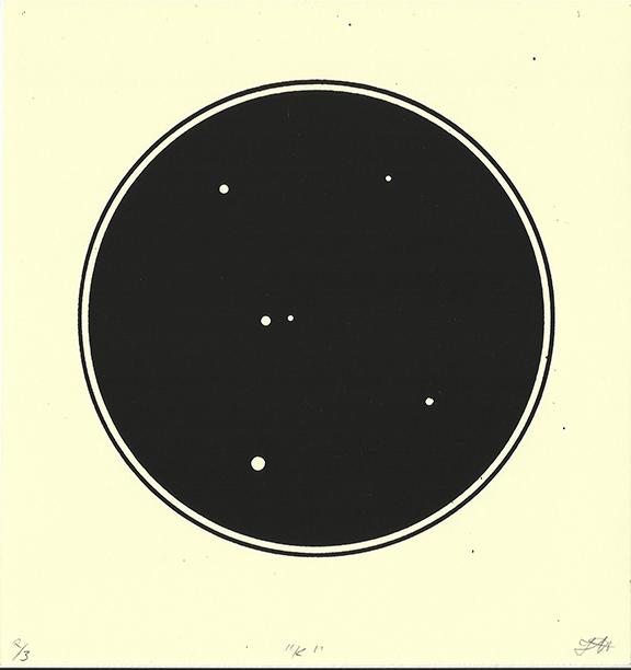 A capital letter K made up of small circles against a round black background, resembling a constellation.