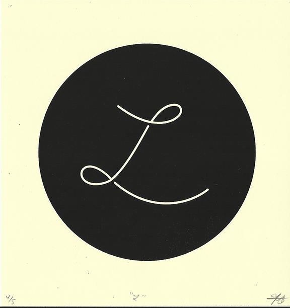 A cursive uppercase L in a black circle, screenprinted on cream paper