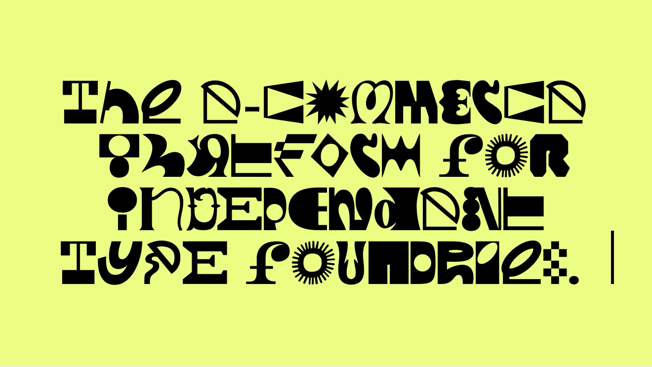 A cropped screenshot of the landing page for fontdue.com with a highly stylized splash that reads “The e-commerce platform for independent type foundries.” Black lettering atop a neon background as described in this post.
