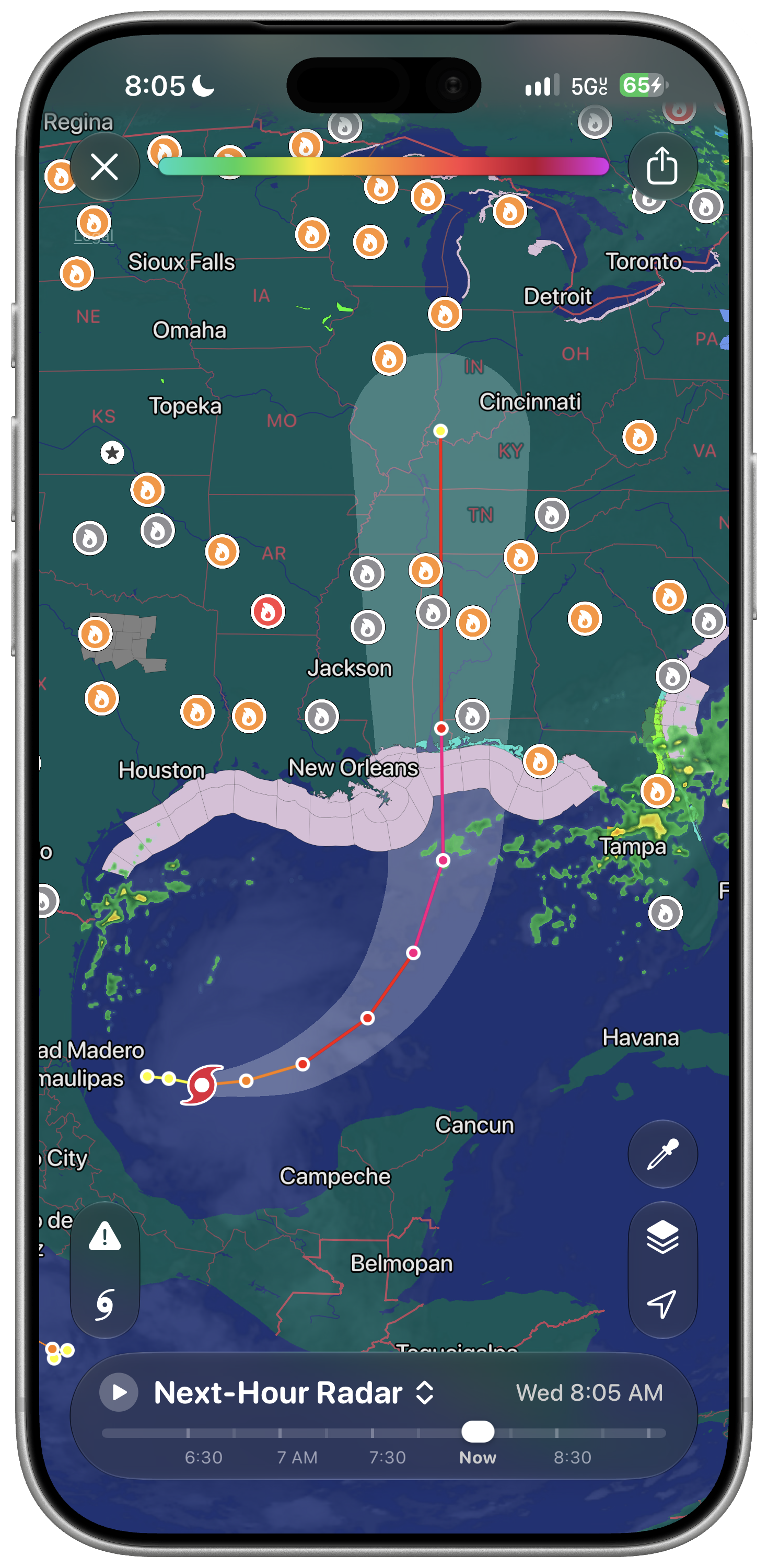 A framed screenshot of Carrot Weather for iOS 27 showing a radar view of the southern United States and Mexico. Hurricane Isaias landfall path can be seen crossing over Houston and New Orleans.