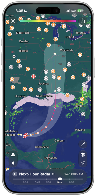 A framed screenshot of Carrot Weather for iOS 27 showing a radar view of the southern United States and Mexico. Hurricane Isaias landfall path can be seen crossing over Houston and New Orleans.
