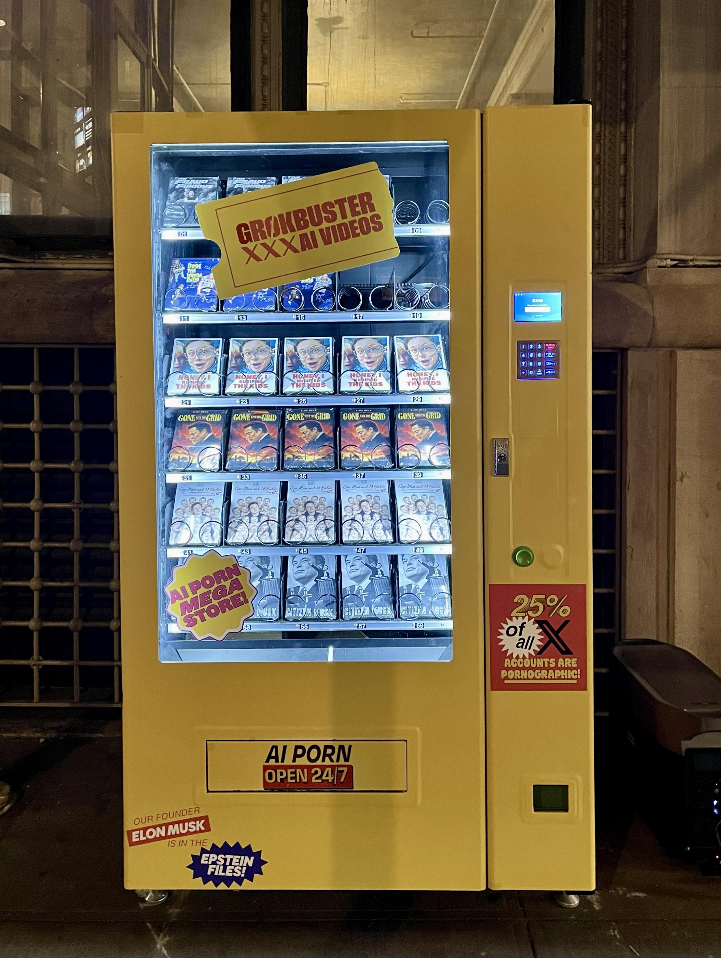 A color, wide-angle photograph in portrait orientation that captures a bright yellow, art-installation-style video vending machine standing outdoors on a city sidewalk at night in front of a stone building facade with a grated window. The machine parodies video rental culture and features bright promotional stickers and satirical text aimed at Elon Musk. A large sticker across the top glass reads "GROKBUSTER XXX AI VIDEOS" styled like a ticket stub, while a starburst badge near the bottom left advertises an "AI PORN MEGA STORE!". Near the dispensing slot at the base, a sign reads "AI PORN OPEN 24/7," accompanied by additional stickers stating, "OUR FOUNDER ELON MUSK IS IN THE EPSTEIN FILES!". On the solid yellow panel to the right, next to the digital keypad and coin slot, a red sticker proclaims, "25% of all X ACCOUNTS ARE PORNOGRAPHIC!", with the "X" rendered in the company's distinct logo font. Inside the brightly lit glass display case, rows of wire coil dispensers showcase satirical DVD/VHS cases featuring photoshopped artwork of Elon Musk. The top shelf holds parody titles like "FRAUD & FURIOUS" and "Dude, Where's My Kid?". Lower shelves display identical copies of parodied movie posters: "HONEY, I NUKED THE KIDS," showing Musk's face framed by goggles; "GONE OFF THE GRID"; a parody poster titled "One Man and 14 Babies," showing Musk surrounded by infants; and "CITIZEN MUSK," featuring a monochrome portrait of Musk speaking into microphones.