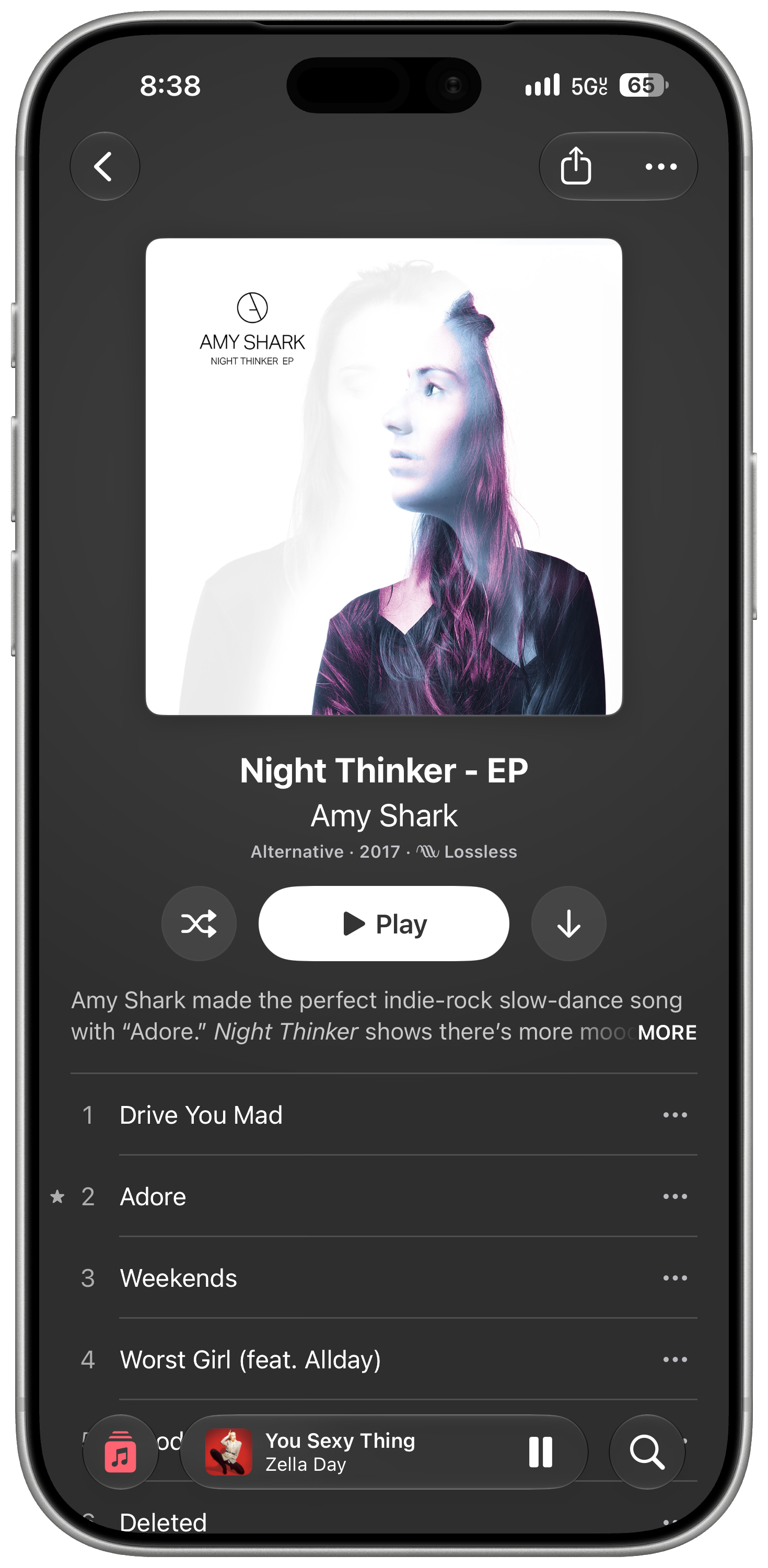 A framed screenshot of the Apple Music app on iOS 27 showing the album view for ‘Night Thinker - EP’ by Amy Shark.