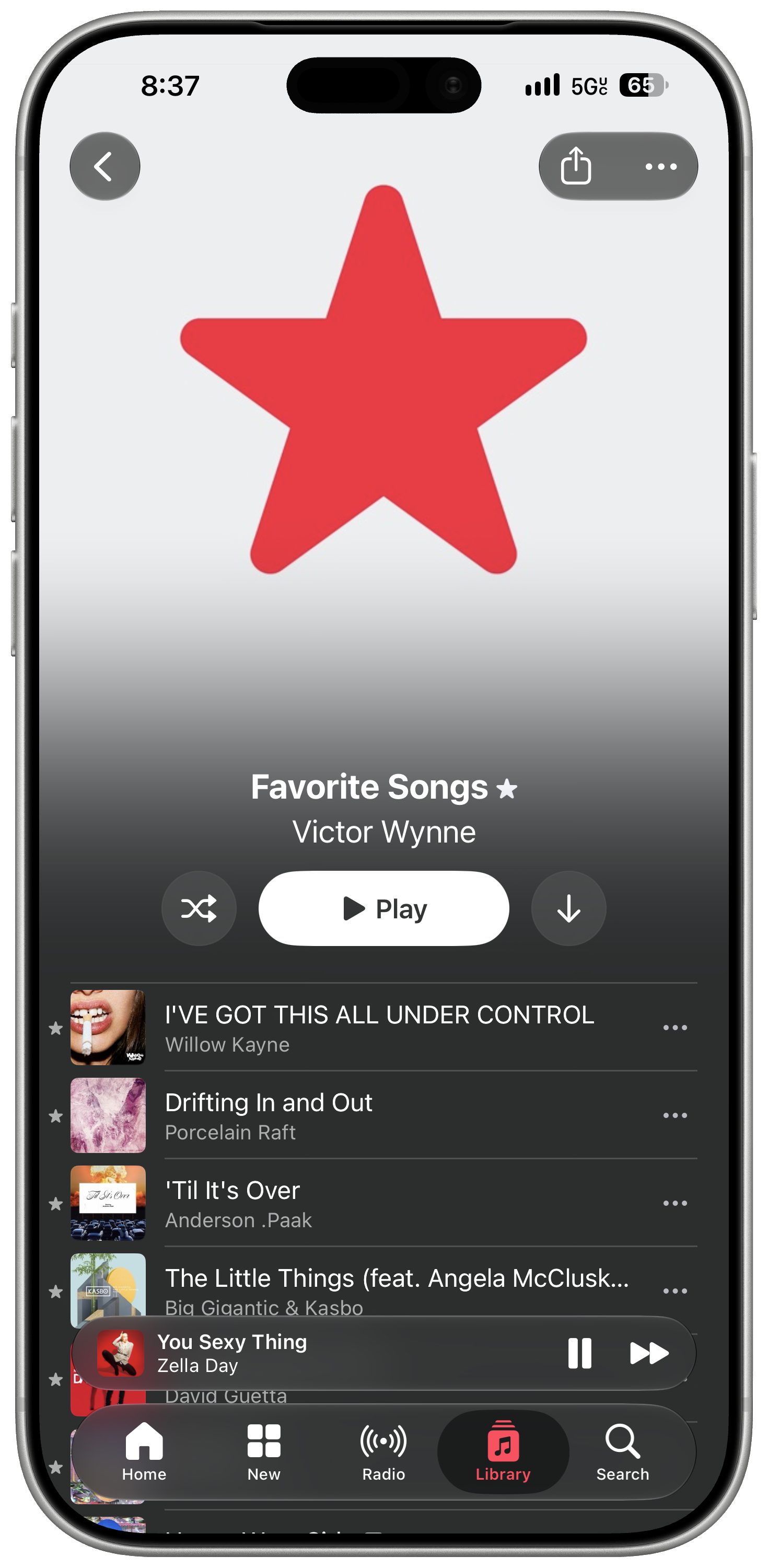 A framed screenshot of Apple Music on iOS 27 showing the newly refined gradient favorites playlist.
