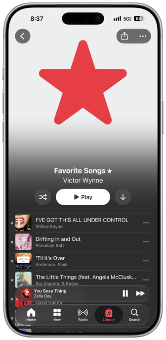 A framed screenshot of Apple Music on iOS 27 showing the newly refined gradient favorites playlist.