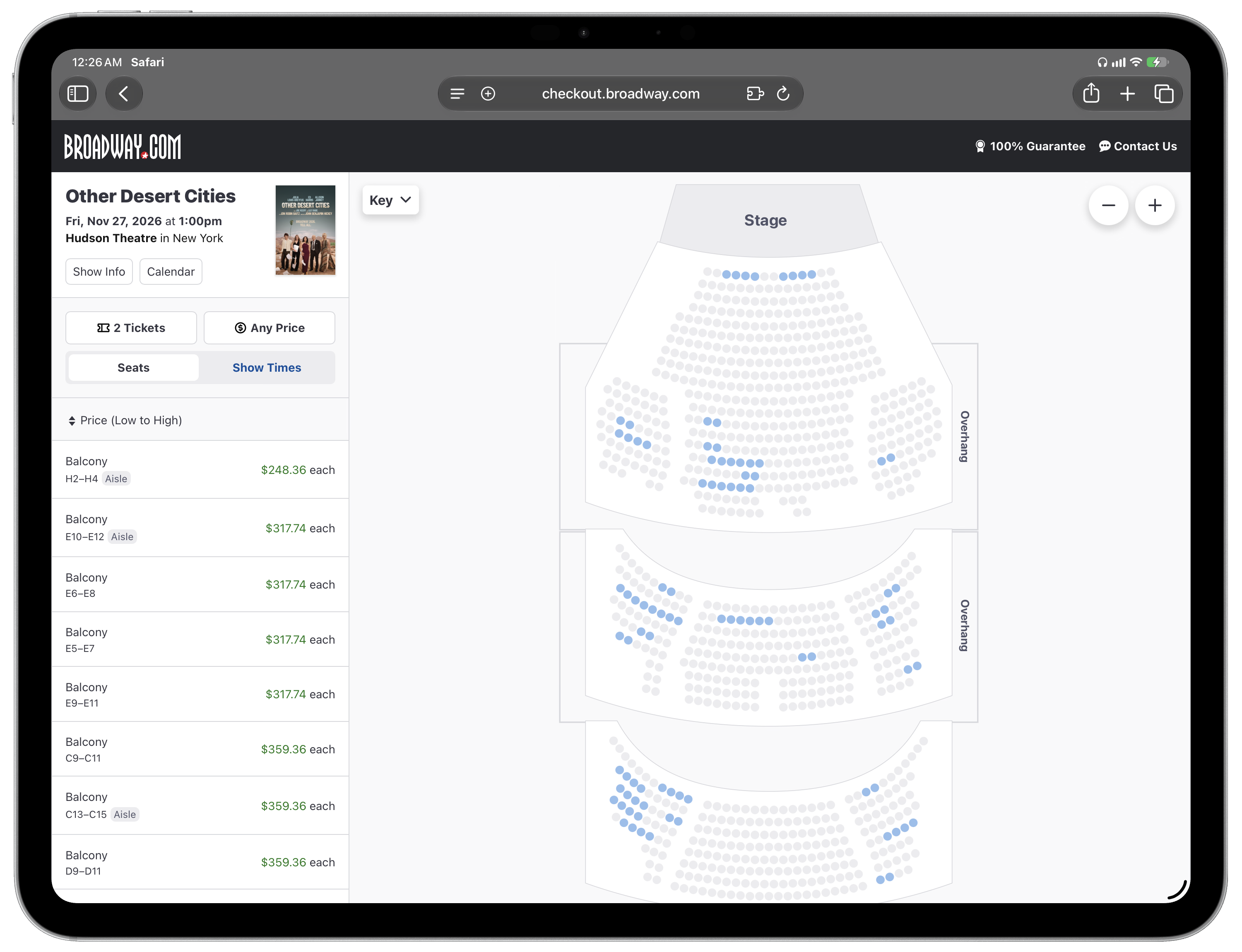 A framed screenshot of Safari on iPadOS 27 showing the seat selection checkout flow for the Broadway play ‘Other Desert Cities’ with ticket prices ranging from $248 to $360.