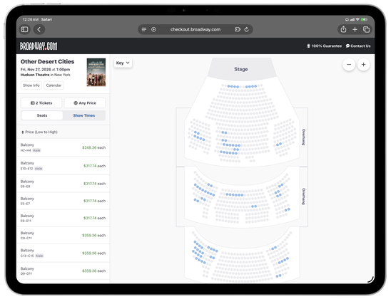 A framed screenshot of Safari on iPadOS 27 showing the seat selection checkout flow for the Broadway play ‘Other Desert Cities’ with ticket prices ranging from $248 to $360.